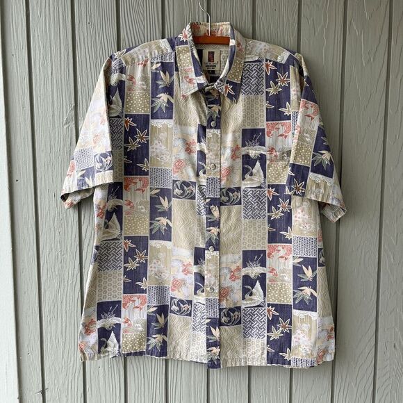 Tori Richard Hawaii Shirt L Cranes Koi Patch Print 100% Cotton Aloha - Picture 1 of 14